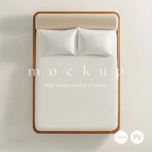 May include: Top view of a bed with a white headboard, white sheets, and two white pillows. The bed is made of wood and has a brown frame. The text "mockup" is written in white letters on the bed.