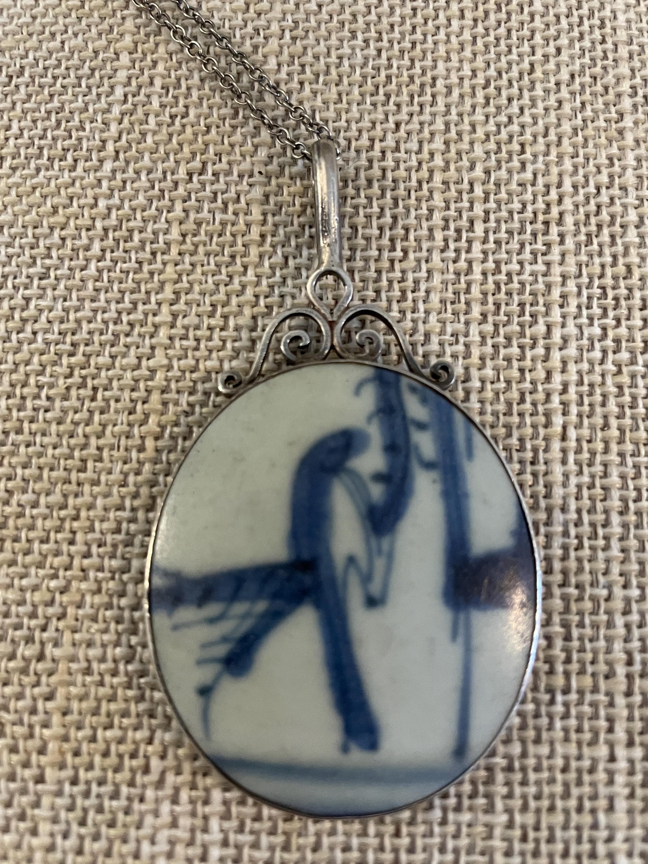 Fragment of Blue and White Asian Pottery in Sterling Setting