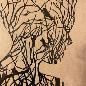 May include: A black and white ink drawing of a person's silhouette with branches and birds inside the outline.