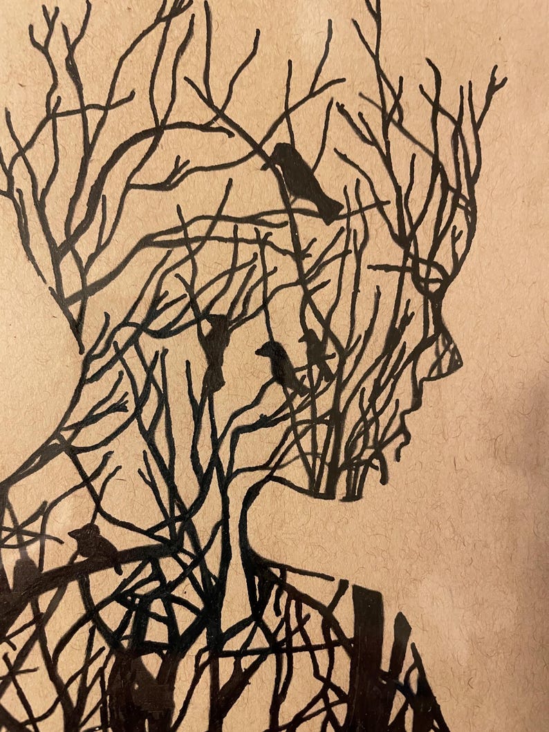 May include: A black and white ink drawing of a person's silhouette with branches and birds inside the outline.