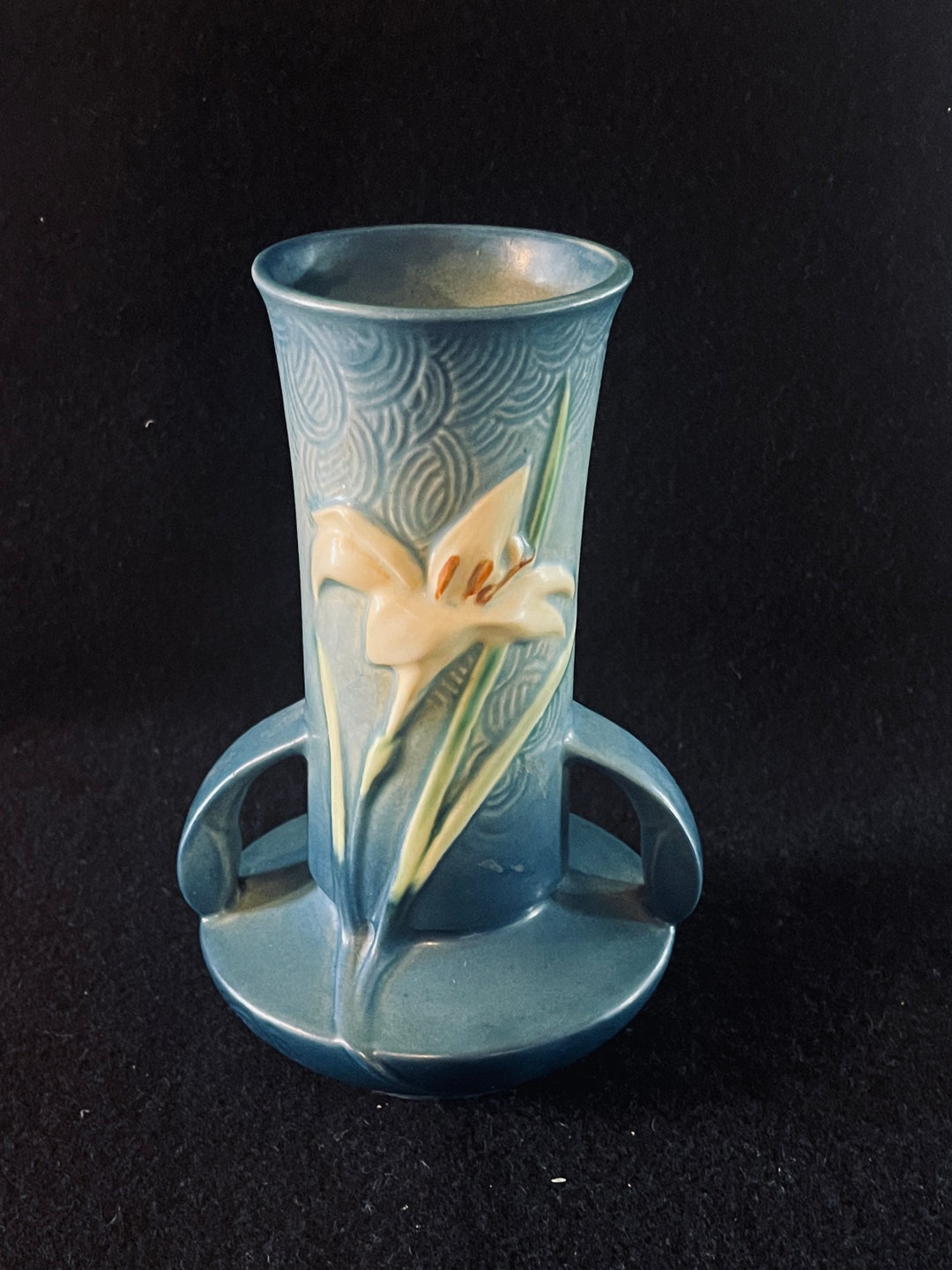 Roseville Blue Zephyr Lily 2handle Vase 1317, Roseville Pottery