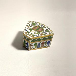 Oriental Cloisonne Triangular Box with Inlaid Flowers - Cloisonne Floral Lidded Box - Metal Cloisonne Chinese Box
