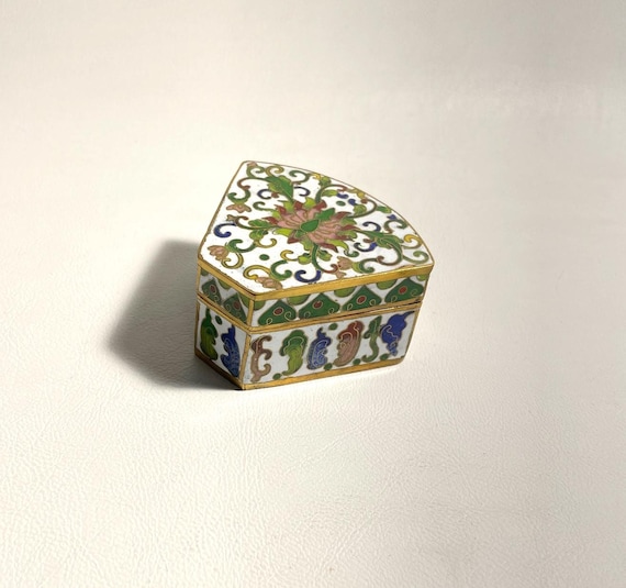 Oriental Cloisonne Triangular Floral Lidded Trink… - image 1