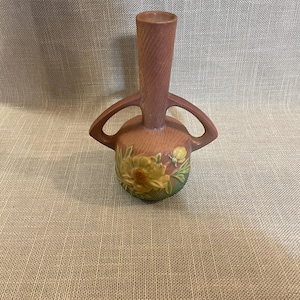 Roseville Pink/Brown Mid Century Modern Art Pottery Model 173-7 - Roseville Fuchsia Double Handled Vase - Vintage Roseville