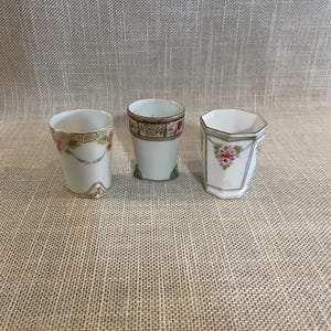 Set of Three Hand Painted Porcelain Toothpick Holders - Two Round and One Octagon Shaped Toothpick Holder - Hand Painted Small Japanese Vase