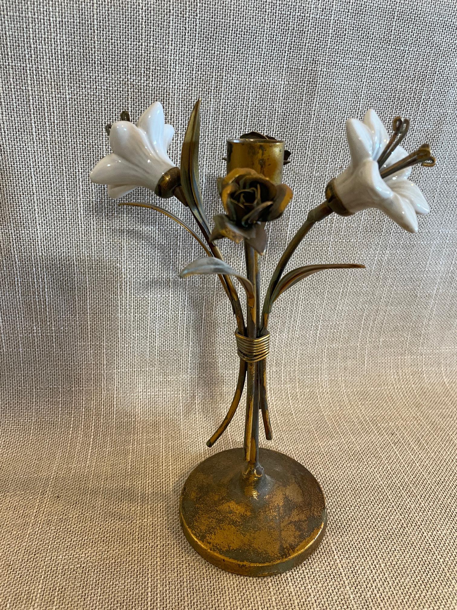 Hollywood Regency Candle Stick Holder - Ceramic Flowers on French