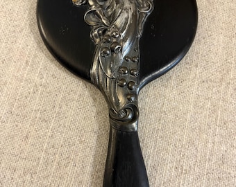 Art Nouveau Silver Figure of a Woman on Wooden Hand Mirror