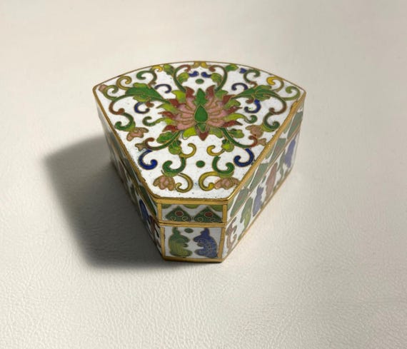 Oriental Cloisonne Triangular Floral Lidded Trink… - image 9