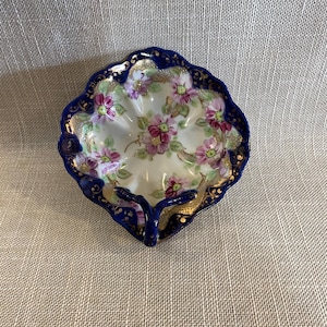 Hand Painted Floral Candy Dish with Handle - Victorian Style Candy Dish - Deep Blue with Violets Candy Dish - US Made Candy Dish
