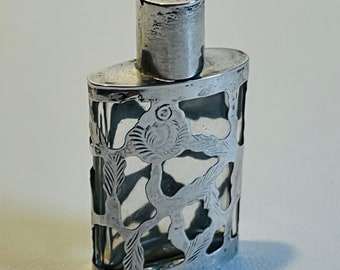 Art Nouveau Silver Overlay with Hand Worked Flowers on Perfume Bottle