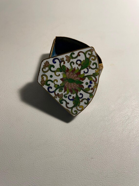 Oriental Cloisonne Triangular Floral Lidded Trink… - image 7