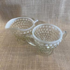 Fenton White Opalescent Hobnail Cream and Sugar - Vintage Fenton Set, Hobnail Pattern White Opalescent Color - Collectible Fenton