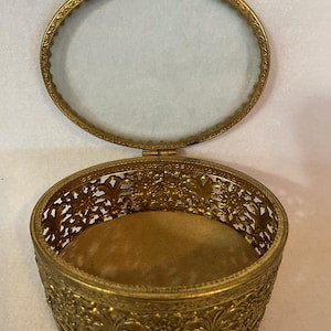 Filigree Jewelry Casket - Pierced Trinket Box with Gold Lining - Collectible Glass Topped Trinket Box