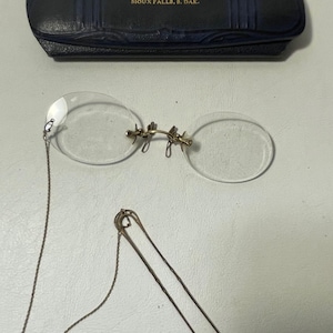 Antique Vintage Pince-nez Round Eyeglasses with Original Chain and Carrying Case - Eyeglasses With Chain and Lapel Pin