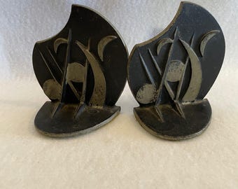 Art Deco Musical Note and Moon Cast Bookends