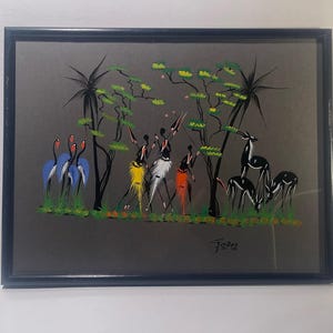 Hand Painted Tribal Art in Bright Colors - African Natives and Animals Painted Art - Tribal Decor - Early 1970&#39;s Tribal Art
