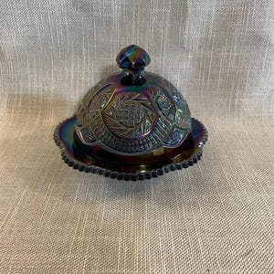 Imperial Glass Covered Butter Dish - Unique Carnival Glass with Deep Star Etching - Excellent Condition Amethyst Covered Imperial Glass Dish