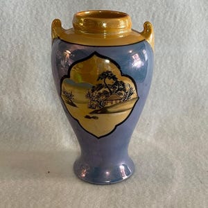 Japanese Lusterware Vase - Art Deco lusterware vase - Blue and Orange Vase - Hand Painted Lusterware Vase - Urn Shaped