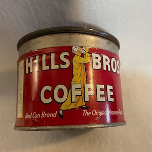 Hills Bros 1/2 Pound Key Wind Coffee Tin Can with Lid and Labeled San Fransico and New Jersey