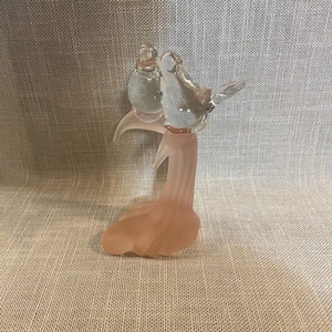 Blown Glass Lovebirds by Bagley Spinette  in Frosted Pink Glass - Art Deco Glass in Frosted Pink and Clear - Love Birds Glass Figurine