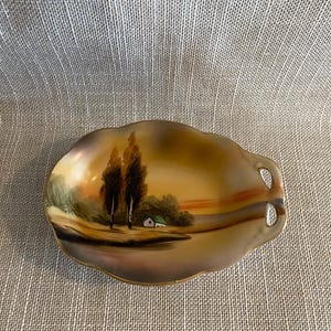 Noritake House and Trees Small Serving Dish - Noritake Nut Dish - Hand Painted Noritake - Made in Japan and Hand Painted Dish with Handle