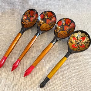 Set of Four Wooden Russian Lacquer Spoons