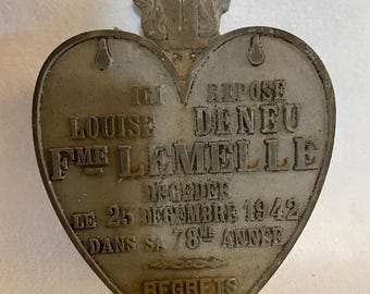Antique French Cast Iron Burial Plaque - Louise Deneu 1942