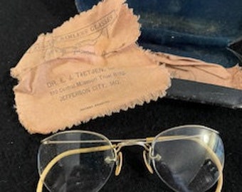 Vintage Eyeglasses with Case and Cleaning Cloths - Dr Tietjen Jefferson City MO Glasses - Wire Rim Early Glasses in Case - Rimless Glasses