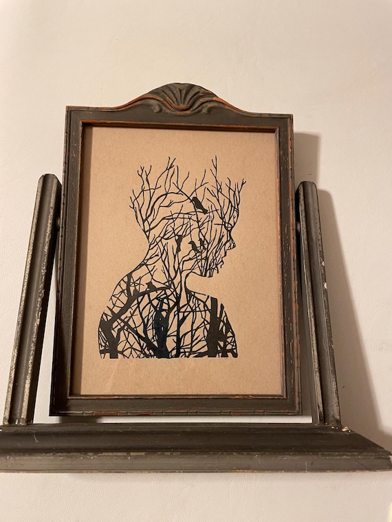 Original Pen and Ink Drawing - Nature Girl with Birds in 1930s Swing Frame