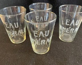 Mineral Water Etched Glasses - Set of Four Eau Minerale Glasses - French Etched Glasses - Glasses Etched with "Eau Minerale" on The Sides