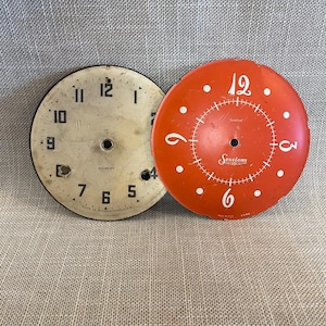Two Metal Clock Faces - Red and Cream Industrial Photo Props