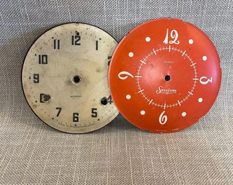 Two Metal Clock Faces - Red and Cream Industrial Photo Props