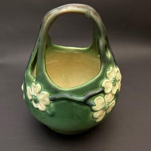 Very Early Roseville Dogwood Green Basket - Large Roseville Smooth Dogwood Green Marked with Early Stamp Numbers