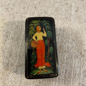 Russian Lacquer Box with Woman Holding a Basket - Small Lacquer Box - Red Lacquered Interior on Trinket Box - Collectible Lacquered Box