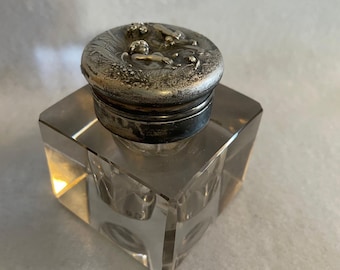 Sterling Silver Art Nouveau Inkwell with Figures on the Top - Crystal and Sterling Collectible Inkwell - Lovely Early-Century Inkwell
