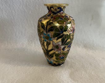 Vintage Floral Cloisonne Vase with Enameled Inlay