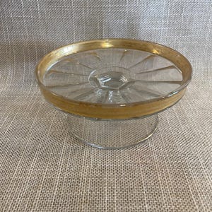 Heisey Gold Rimmed Dish - Small Pedestal Dish by Heisey - Petite Glass Dish - Heisey Gold Dish - Gold Rimmed Clear Glass Shallow Dish