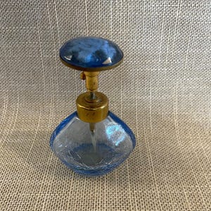 Mid Century Modern Blue Crackled Glass Perfume Bottle Atomizer - Classic MCM Designed Perfume Bottle - Collectible Blue Glass Perfume