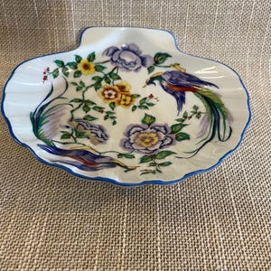 R Leclair Limoges Shell Dish with Peacocks - Fine Bone China Shell Shaped Dish - Flowers and Peacocks on a Dish - Catchall Shell Dish French