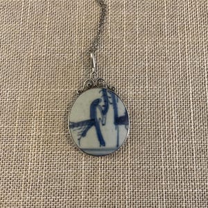 Fragment of Blue and White Asian Pottery in Sterling Setting Pendant on Chain