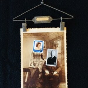 Mixed Media Assemblage - Alfred Hitchcock and Queen Postal Art - Humorus Mixed Media Art - Cabinet Card Photo Art - Queen Elizabeth Art