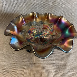 Cherry Paneled Bowl by Dugan in Rainbow Amethyst - Footed with Ruffled Edge