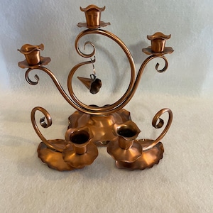 Gregorian Copper Set of Three Candleholders - One Large Candelabra and Two Stick Candle Holders - Vintage Copper
