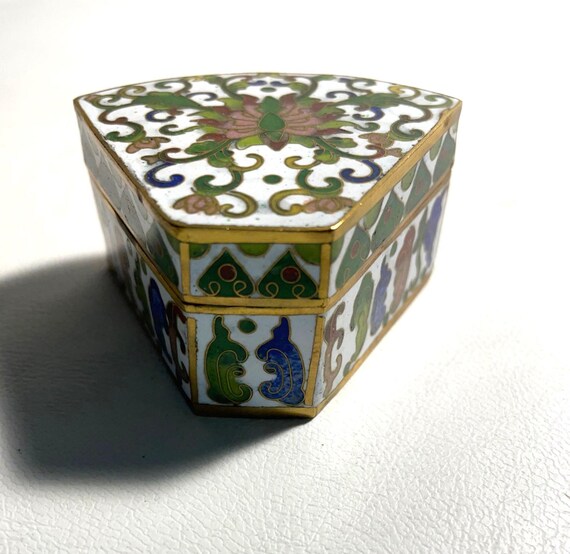 Oriental Cloisonne Triangular Floral Lidded Trink… - image 2