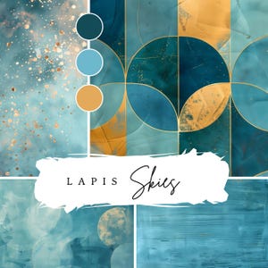 May include: A digital collage of abstract patterns in shades of blue, teal, and gold. The text "Lapis Skies" is superimposed on the image.