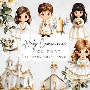 May include: Digital clipart set featuring illustrations for Holy Communion. The set includes images of children in white dresses and robes, churches, a candle, and an open book. The text "Holy Communion" and "70 Transparent PNGs" are also included.