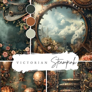 May include: A digital collage featuring a steampunk aesthetic with a Victorian theme. The image includes a clock face, gears, hot air balloons, and a cityscape. The color palette is muted and includes shades of green, brown, and gray.