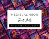 Medieval Neon Tarot Card Printable Deck, 22 Major and 56 Minor Arcana Tarot Cards + 3 Bonus Designs for Divination Lovers