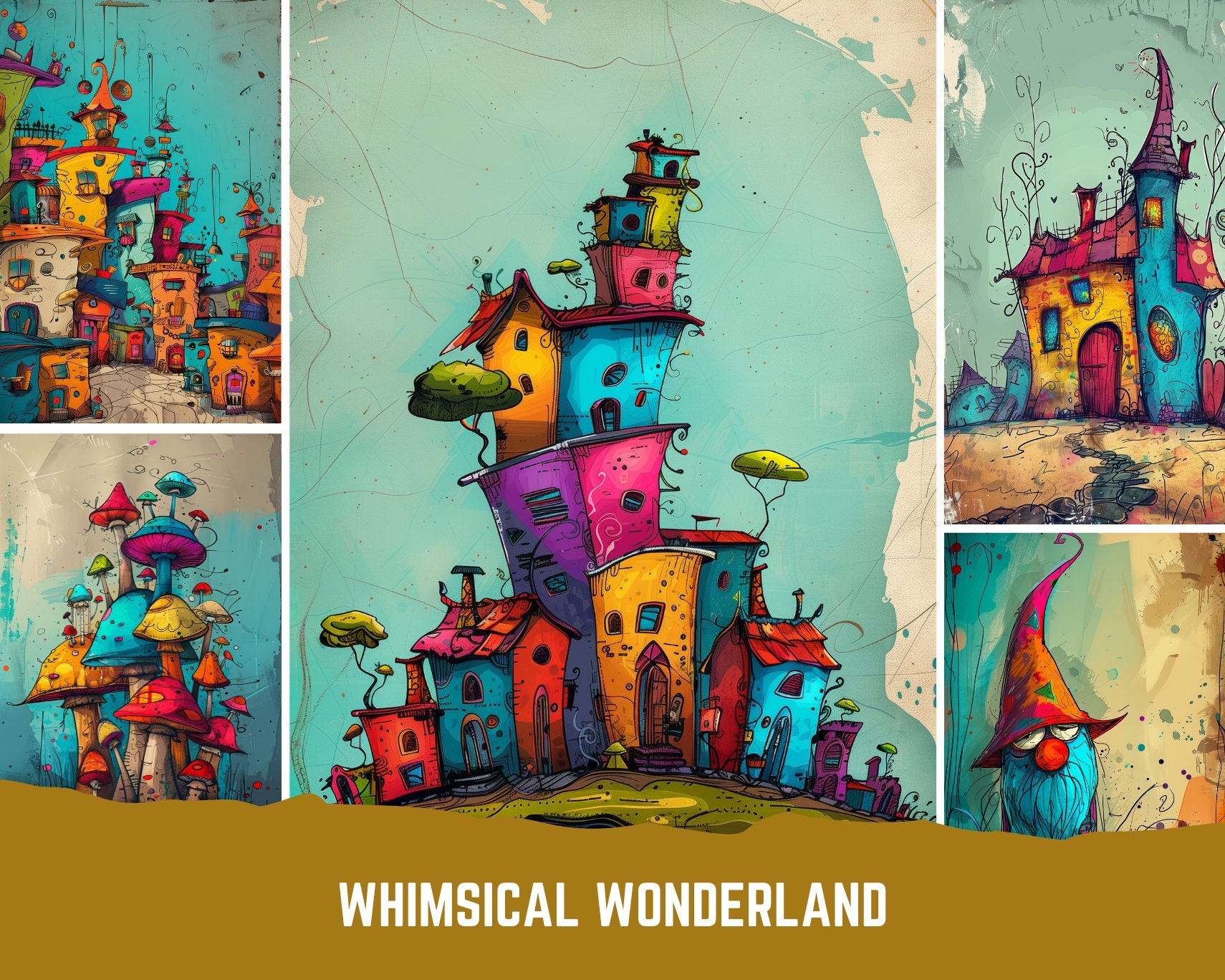 64 Whimsical Wonderland A4 Printables | Crooked Houses | Mushrooms