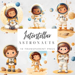 May include: A set of 10 digital illustrations of astronauts in space suits. The astronauts are all children and are wearing different coloured space suits. The illustrations are in a cartoon style and are perfect for use in children's books, websites, or other creative projects.